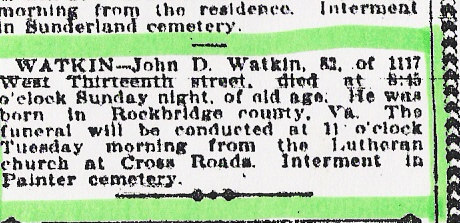 Obituary of John D. WATKINS